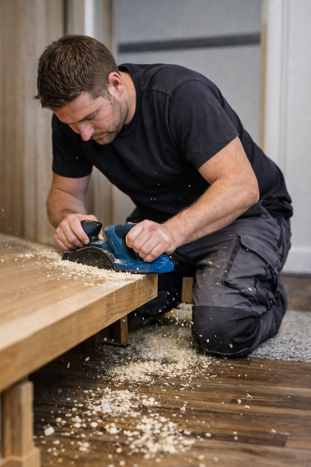 Joiner trimming a door in Glasgow after carpet fitting